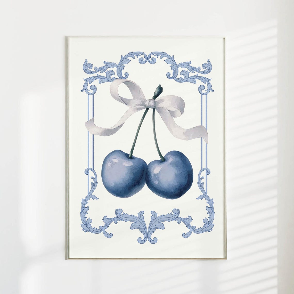 Blue Cherries White Bow Baroque Frame Coquette Watercolor Poster