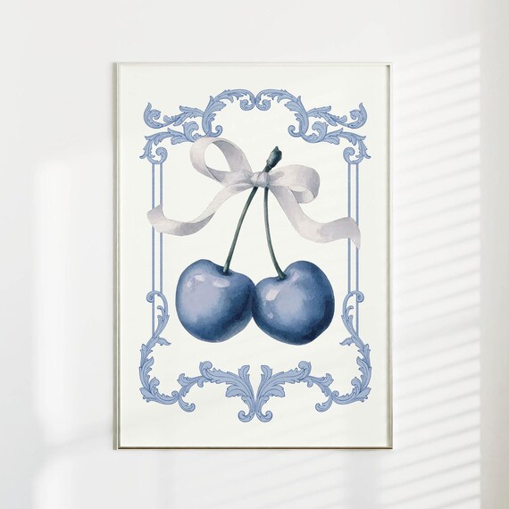 Blue Cherries White Bow Baroque Frame Coquette Watercolor Poster