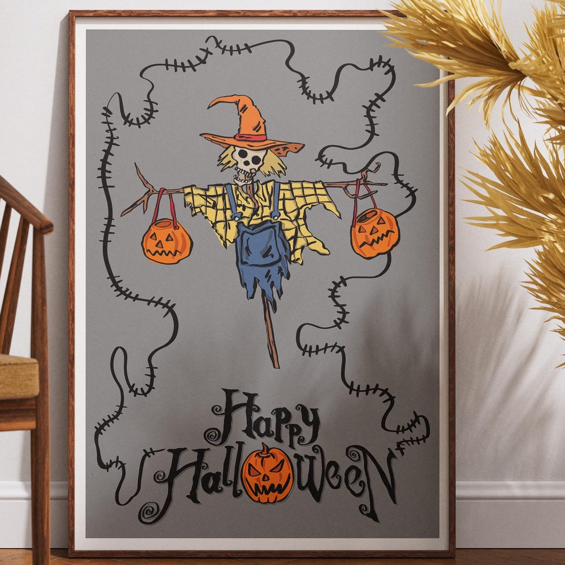 Creepy Scary Scarecrow Halloween Wall Art Happy Skeleton Pumpkin Decor Spooky Poster