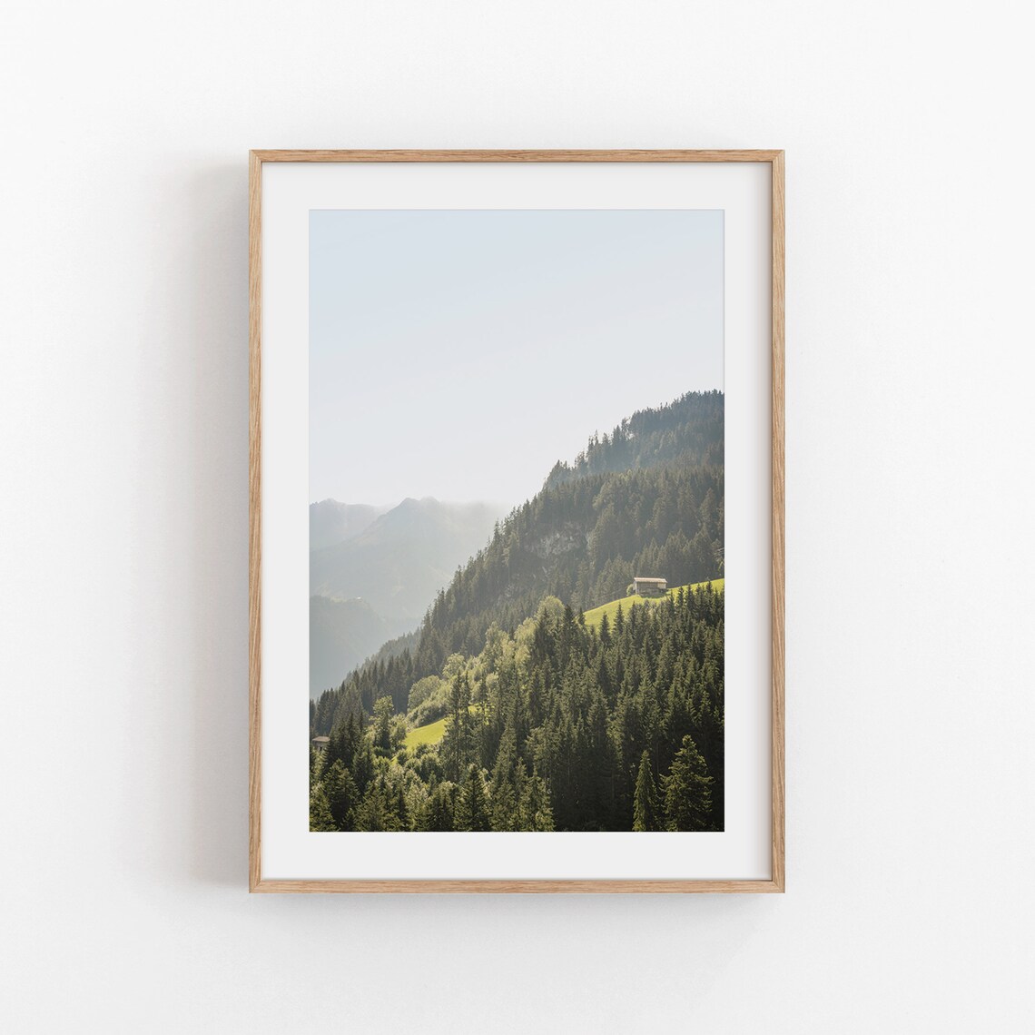 Serene Alpine Mountain Forest Cabin Misty Valley Nature Print