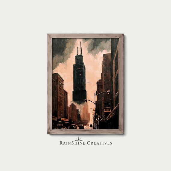 Willis Tower, Chicago Illinois Vintage Oil Painting Print