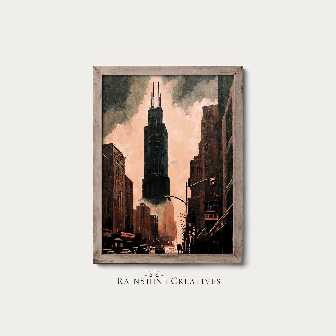 Willis Tower, Chicago Illinois Vintage Oil Painting Print
