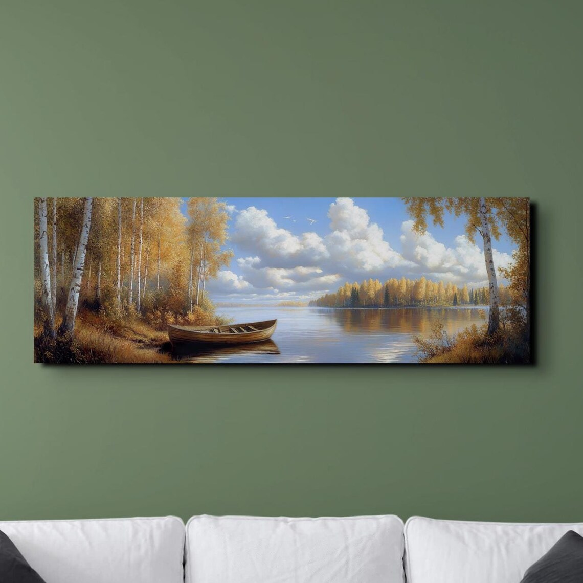 Wooden Rowboat on Autumn Birch Lake Calm Water Panoramic Poster
