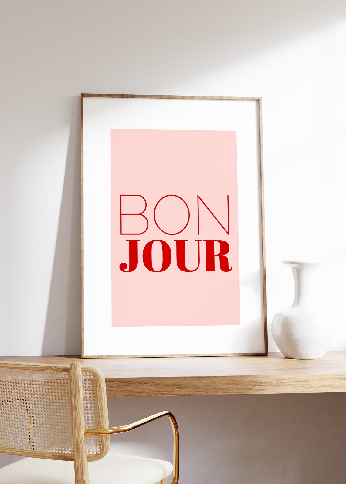 Bonjour French Greeting Quote Bold Red Pink Typography Poster - Image 2