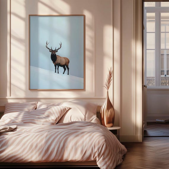 Elk Wall Art Print Winter Wildlife Photography Deer Antlers Decor Scandinavian Nature Snowy Mountain Animal