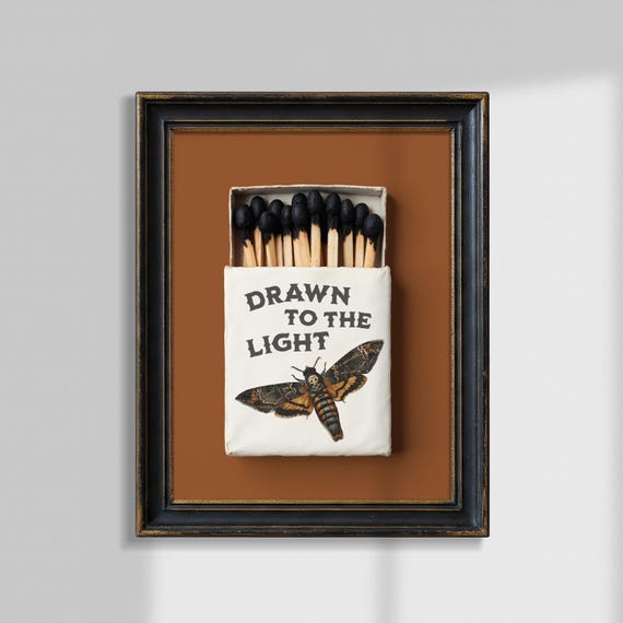Drawn To The Light Skull Moth Matchbox Print Western Gothic Library Poster Neutral Halloween Decoration Dark Academia Gallery Wall Art