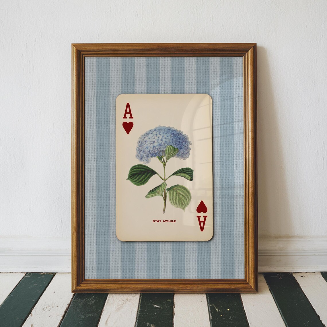 Powder Blue Hydrangea Ace of Hearts Vintage Botanical Card Art Poster