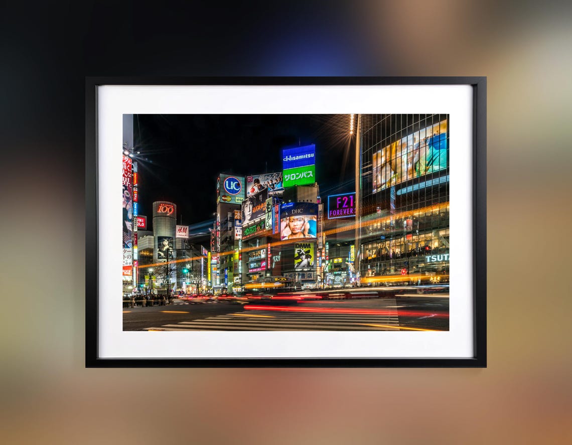 Shibuya Crossing Night Billboards Street Light Trails Tokyo Poster