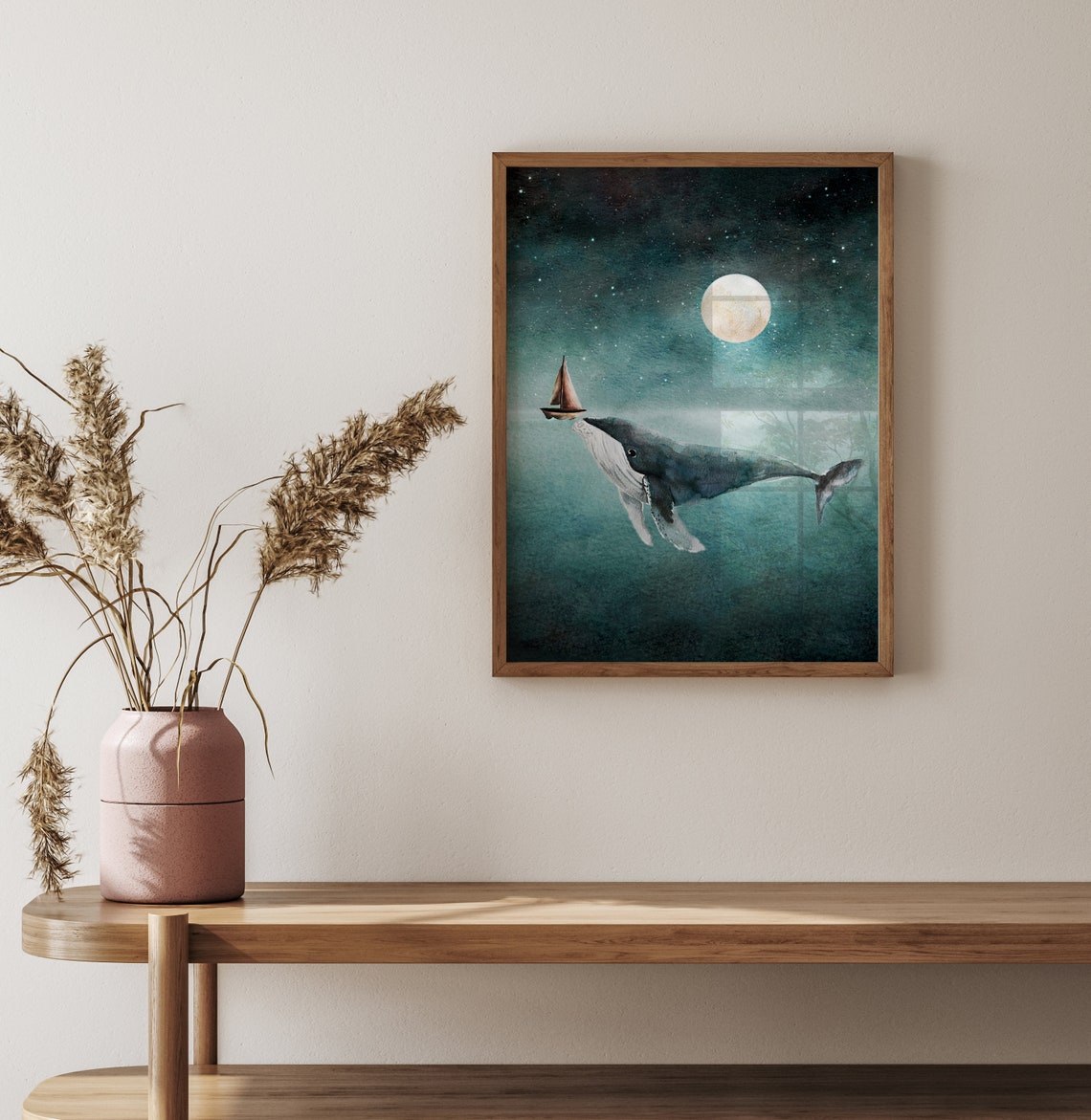 Humpback Whale And Sailboat Moonlit Ocean Watercolor Whimsical Poster - Image 2
