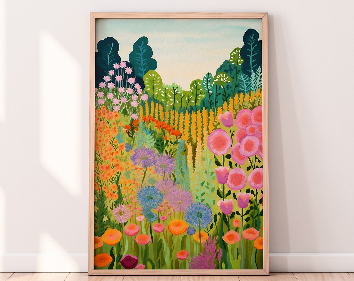 Flower Garden Painting, Colorful Botanical Scenery Art Print