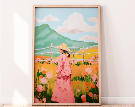 Girl In The Meadow Abstract Mountain Art Print
