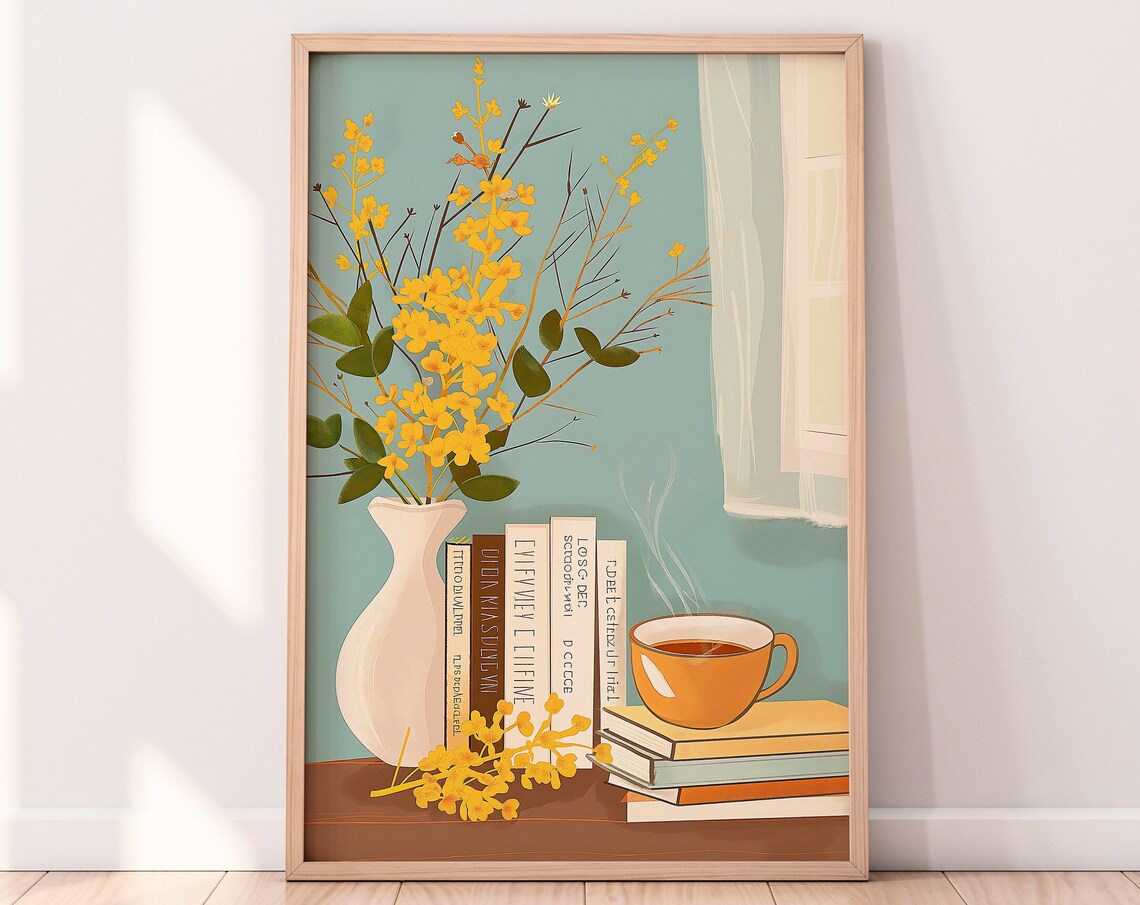 Books And Coffee Yellow Flowers Still Life Book Lover Wall Art - Image 2