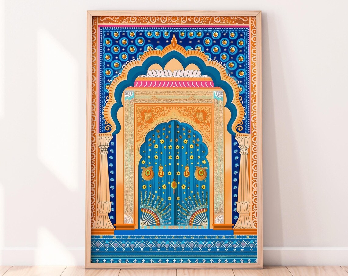 Ornate Indian Palace Door Gold And Blue Mughal Arch Art Print