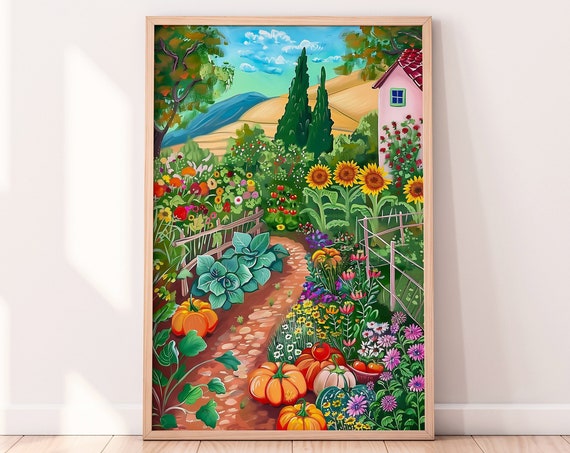 Vegetable Garden Painting Colorful Scenery Wall Art Summer Bright Vibrant Illustration Floral Botanical Drawing