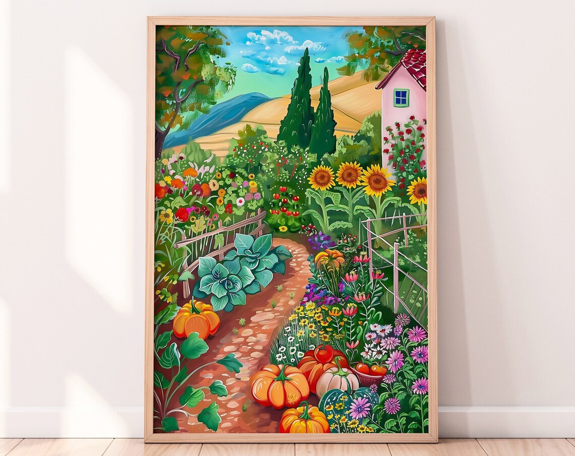 Sunny Cottage Vegetable Garden With Pumpkins Harvest Art Print