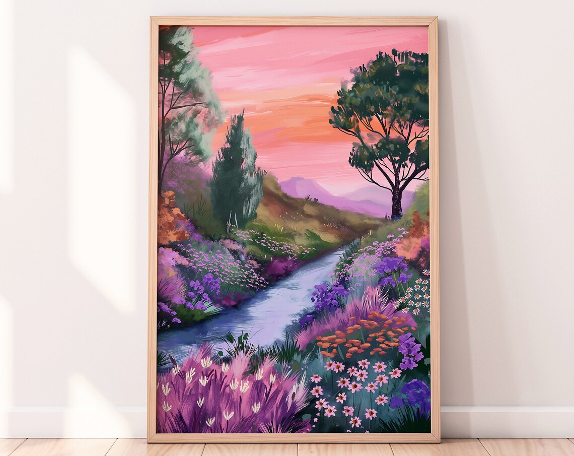 Pink Sunset River Winding Through A Wildflower Meadow Art Print