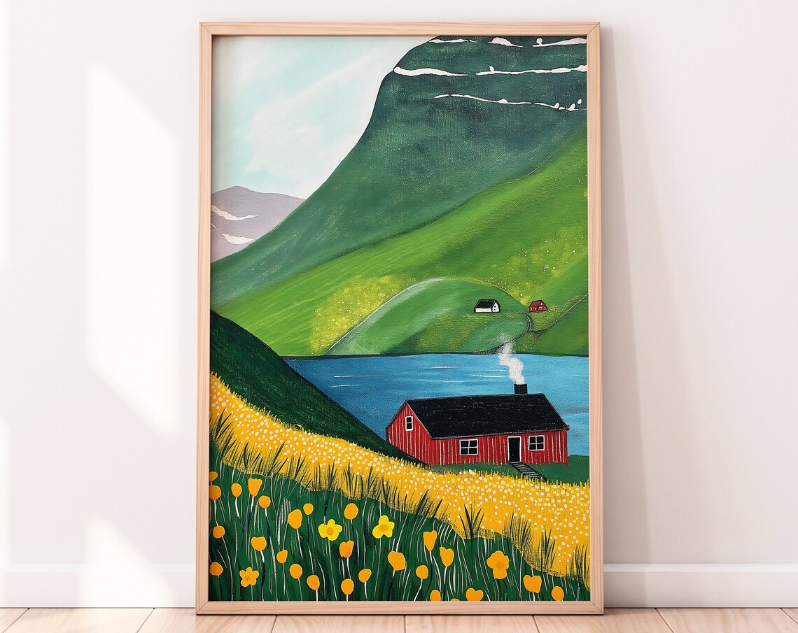 Faroe Islands Red Cabin Green Mountain Lake Flowers Scene Print