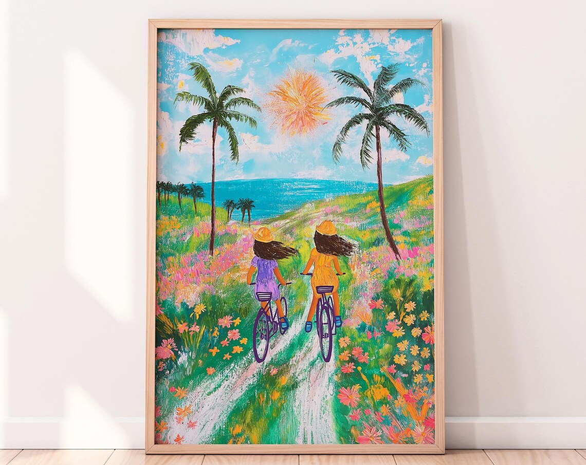 Girls Cycling To The Beach Tropical Floral Seaside Ride Poster