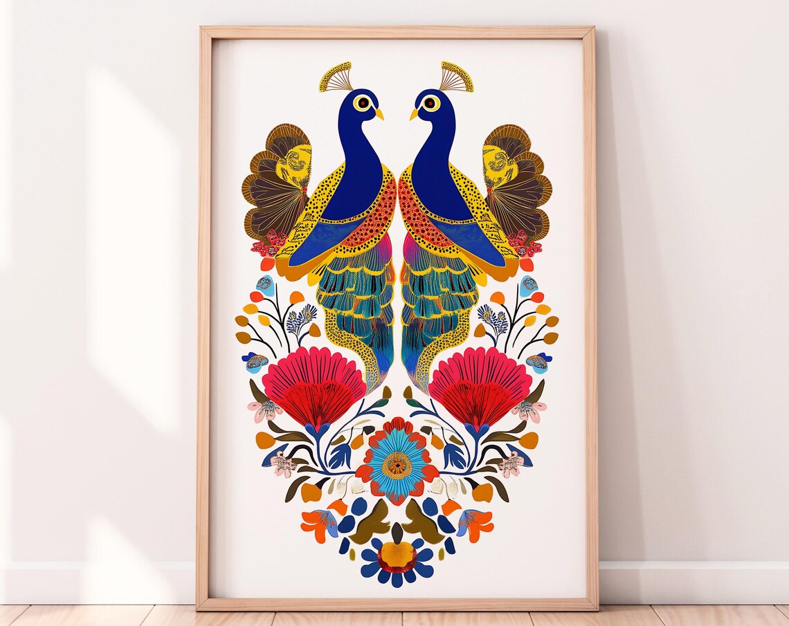 Mirrored Blue Peacocks Indian Folk Art Floral Mandala Poster