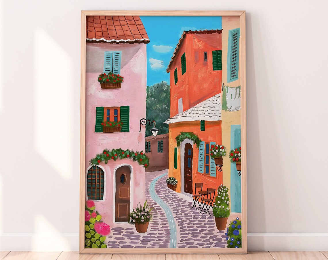 Europe Old Town Cobblestone Street Flower Boxes Summer Art Print