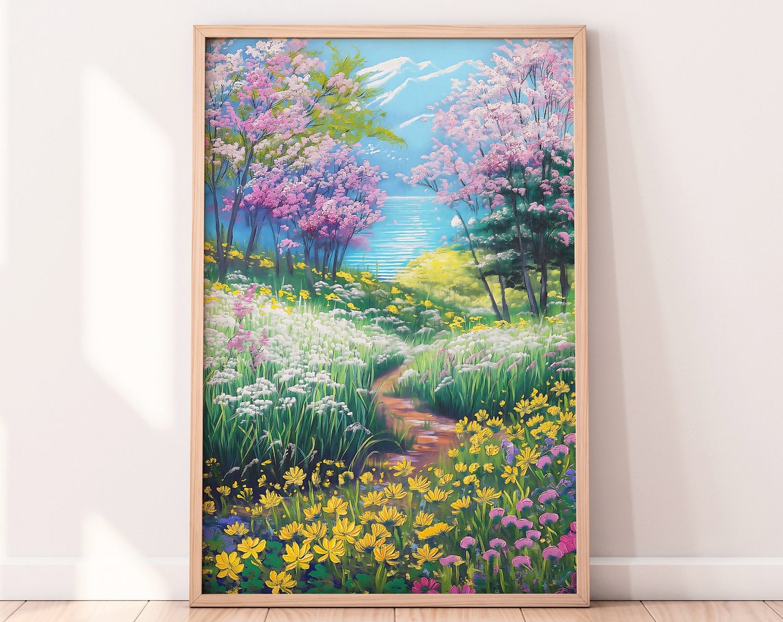 Blossoming Spring Cherry Trees Lake And Mountain Meadow Print