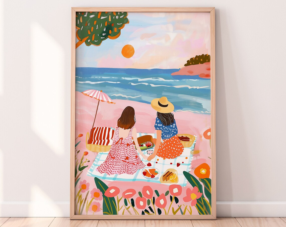 Beach Picnic Friends At Sunset On Pink Sand Beach Decor Art Print