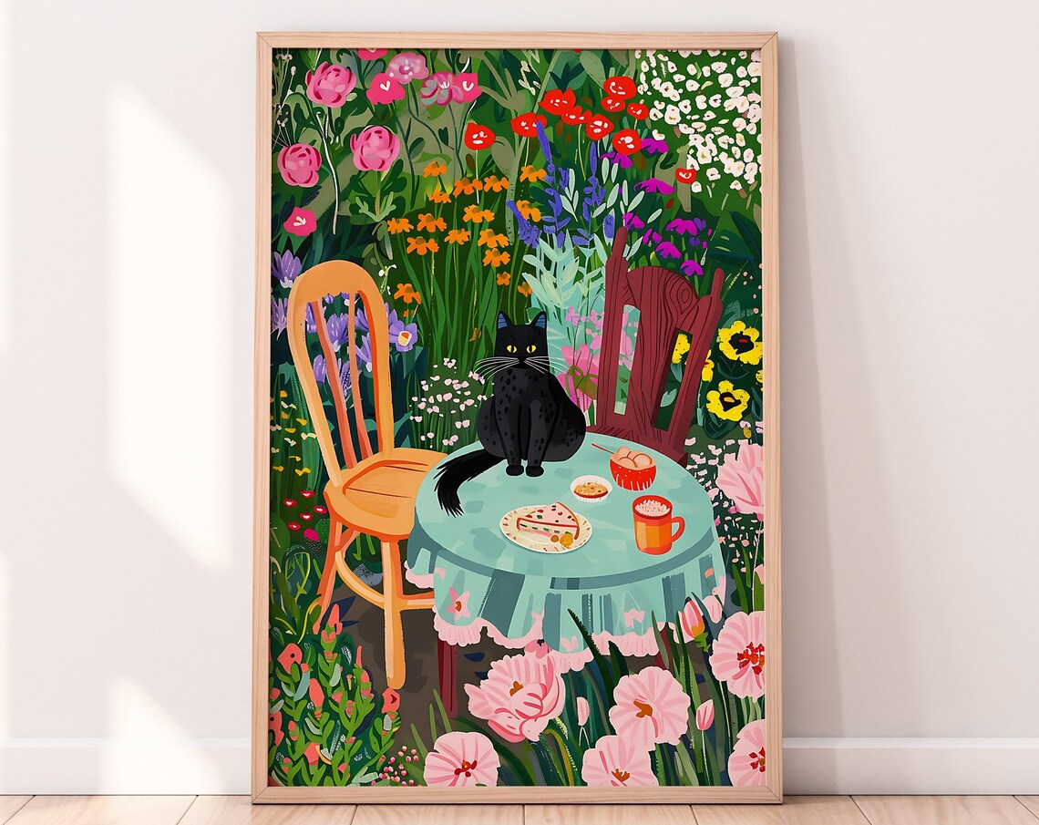 Whimsical Garden Cat Afternoon Tea Floral Black Cat Table Print