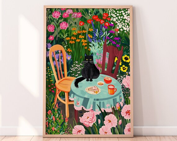Whimsical Garden Cat Afternoon Tea Floral Black Cat Table Print