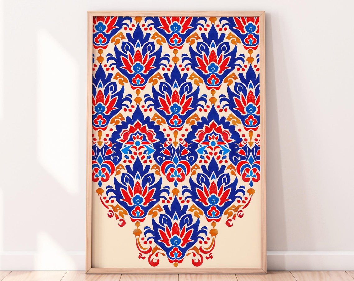 Vintage Turkish Iznik Floral Damask Pattern Blue Red Gold Wall Art