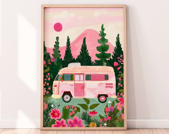 Pink Campervan In A Pine Forest Surrounded By Wildflowers Print