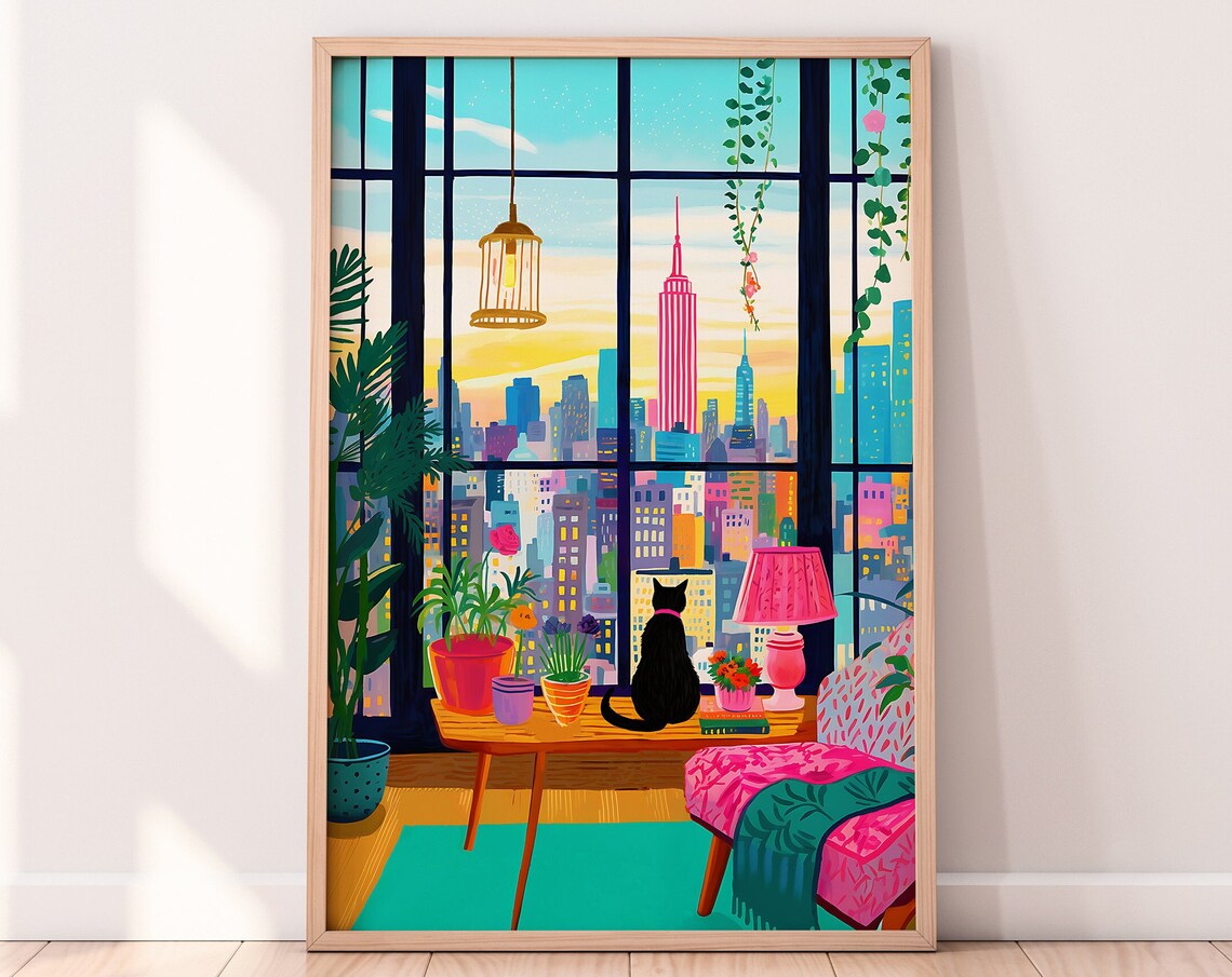 Cat in New York Illustration, Maximalist Travel Art