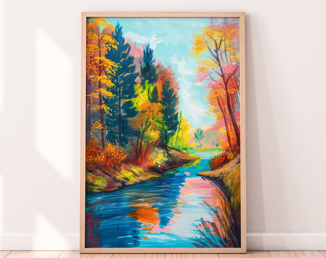 Autumn Forest River With Golden Trees Reflected In Water Print
