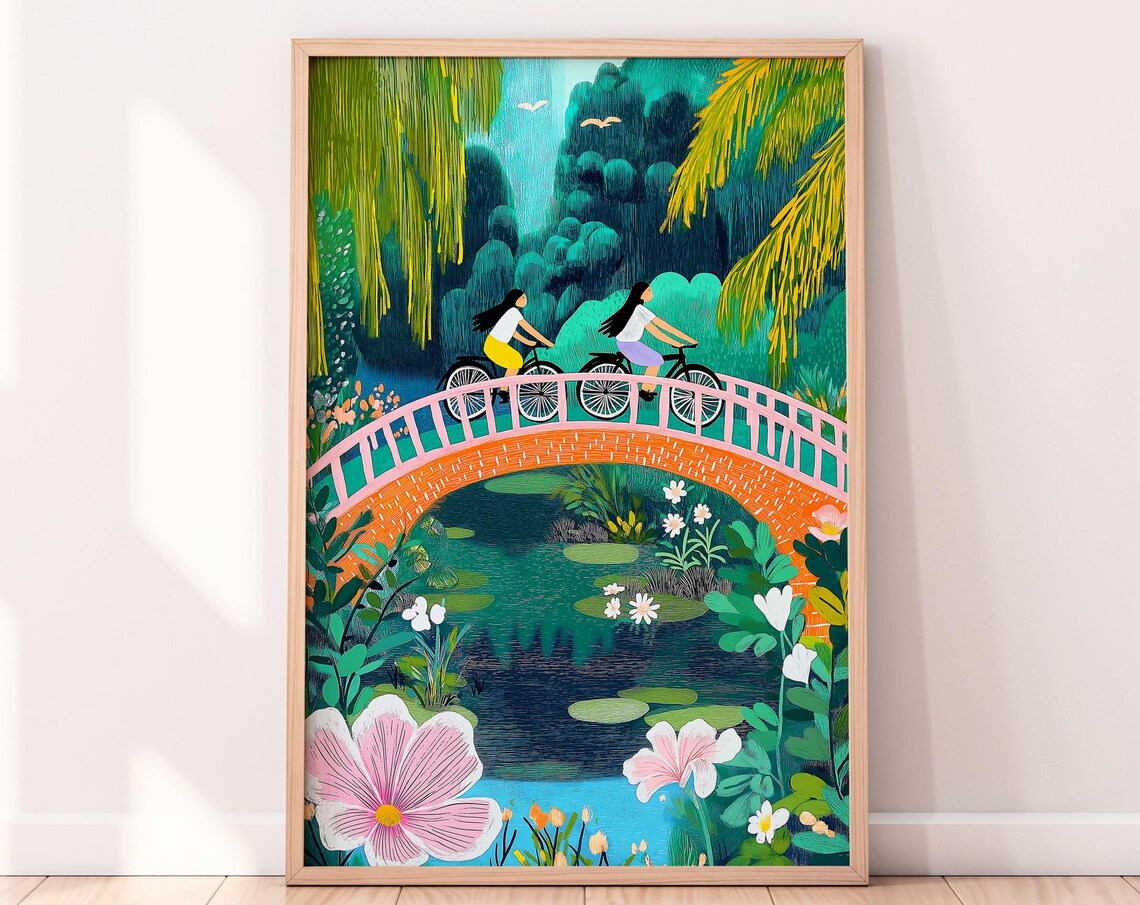 Two Cyclists Crossing Bridge Lily Pond Botanical Illustration Poster