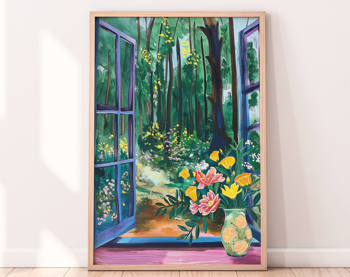 Colorful Forest Garden Painting Print With Open Window And Flowers - Image 4