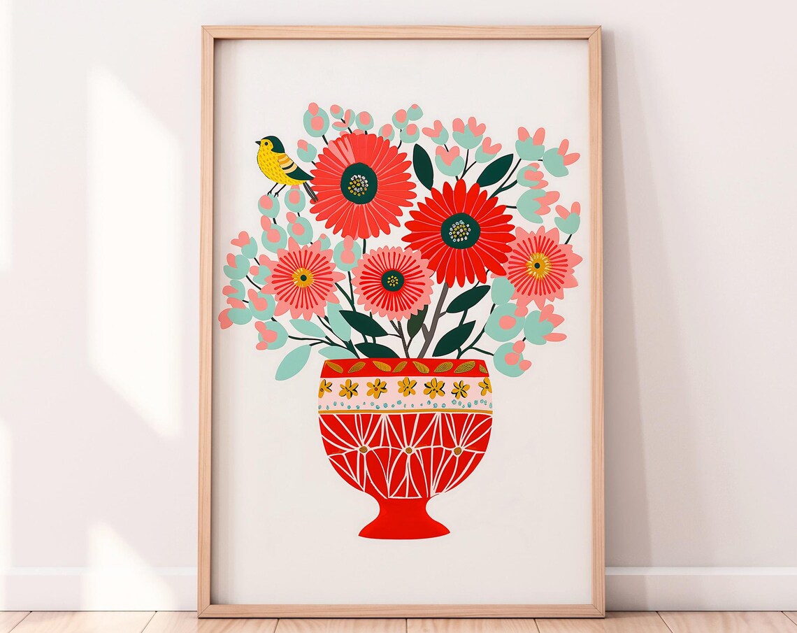 Red Vase Red Pink Flowers Yellow Bird Folk Floral Art Poster