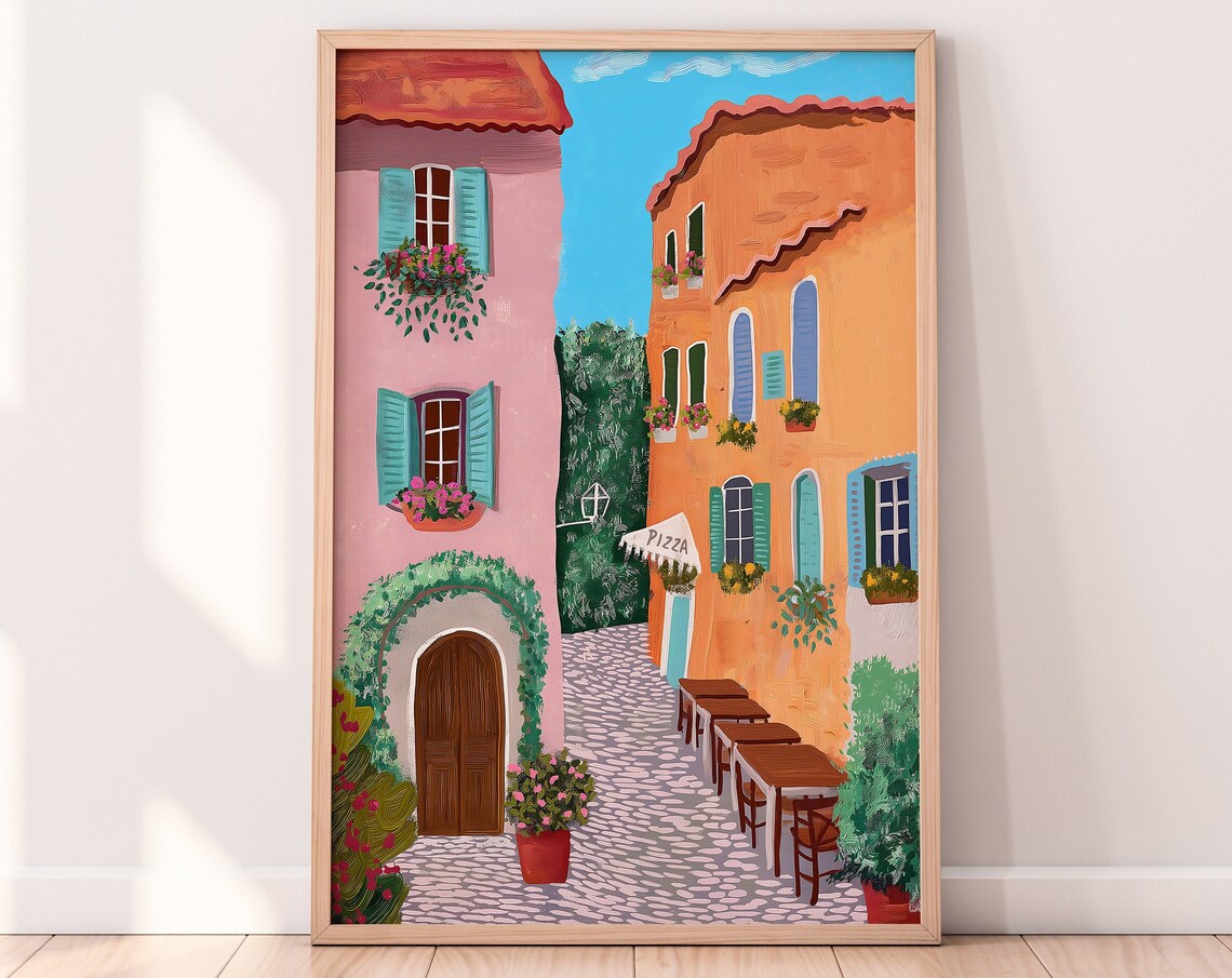 Italian Village Street Pink Buildings Pizza Cafe Scene Art Poster