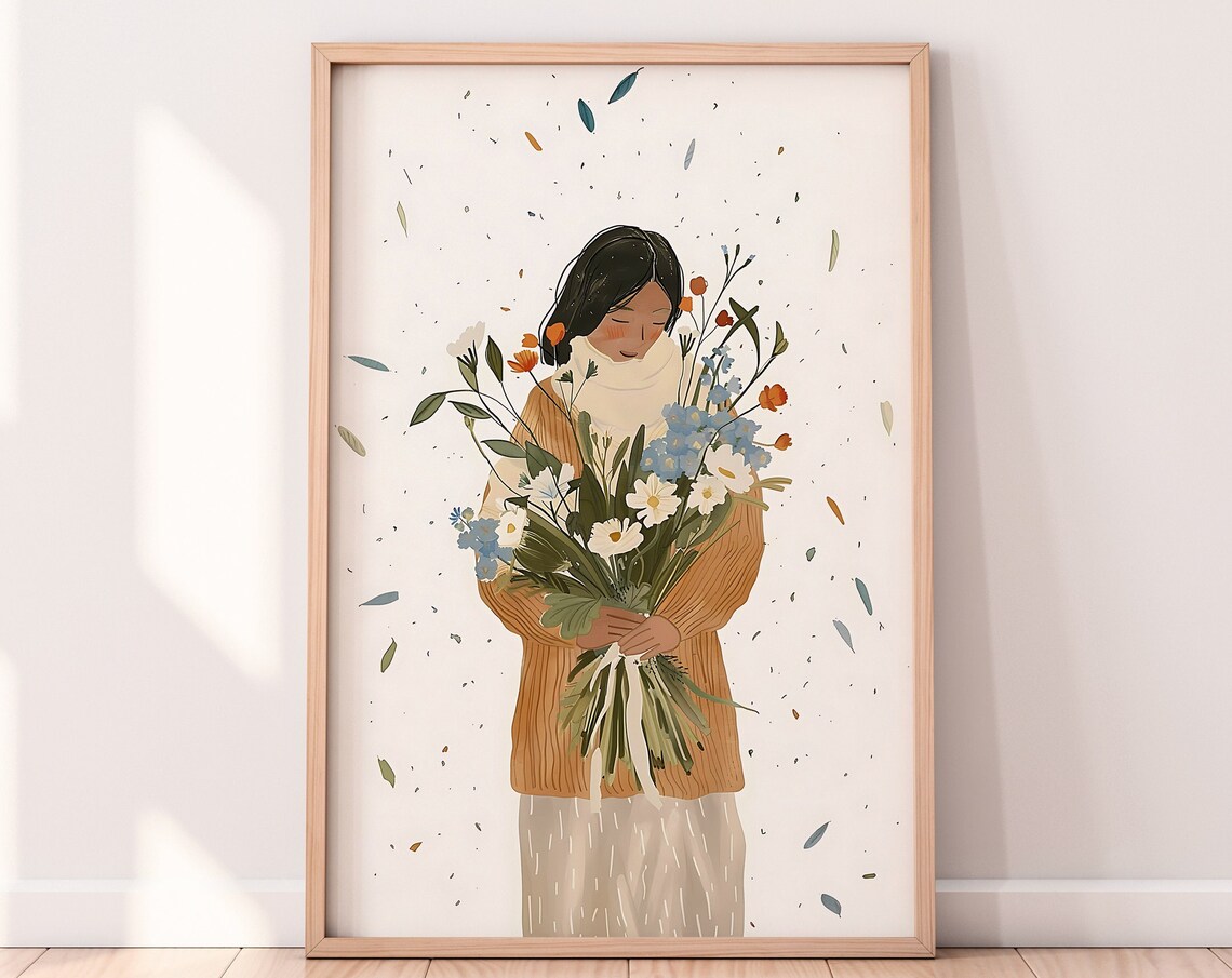 Modern Woman Holding Wildflower Bouquet Boho Female Artwork Poster - Image 2