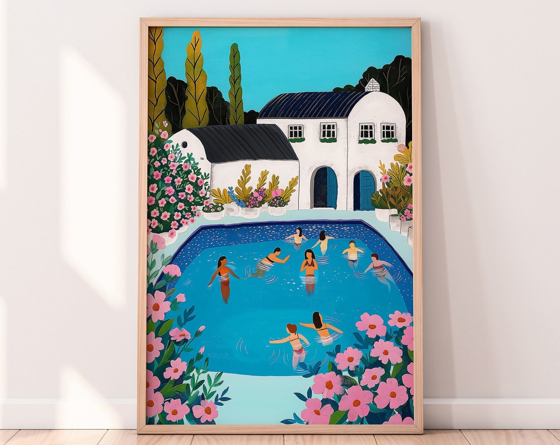 Poolside Summer Swimmers Villa Pink Flowers Illustration Print - Image 4