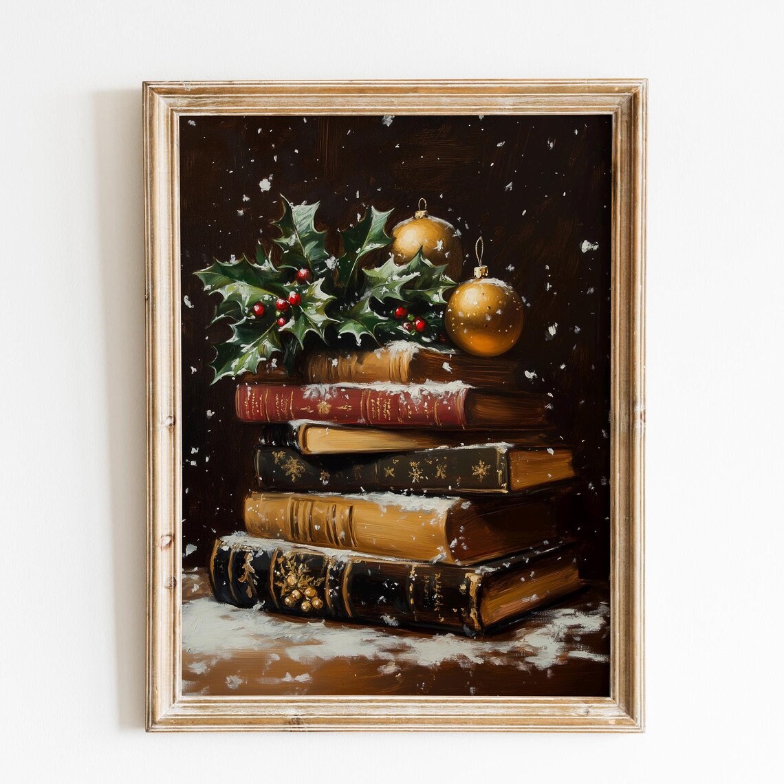 Vintage Books Snowy Stack Holly Ornaments Christmas Still Life Poster