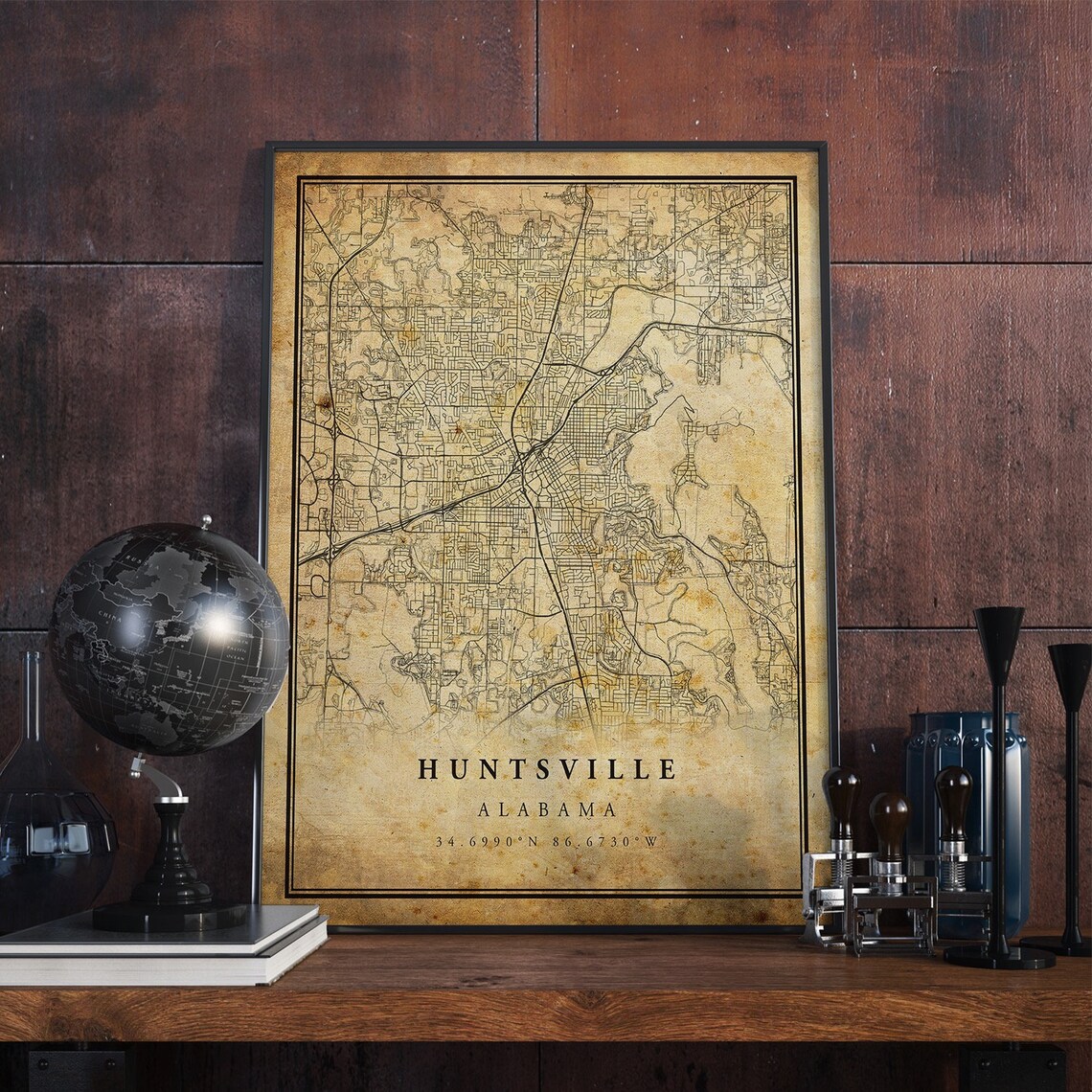 Huntsville Vintage Map Poster, Rustic Alabama Wall Art