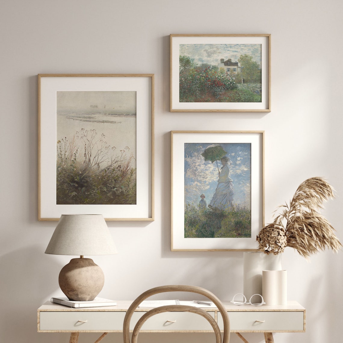 Antique Misty Lake Landscape with Wildflowers Pastel Wall Art - Image 2
