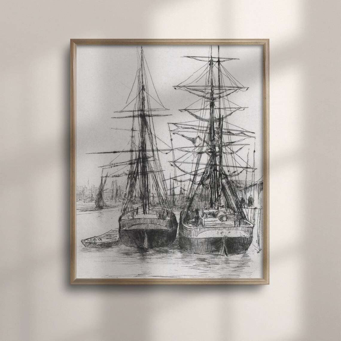 Tall Ships Harbor Ink Sketch Antique Nautical Drawing Sailing Boat Art Poster