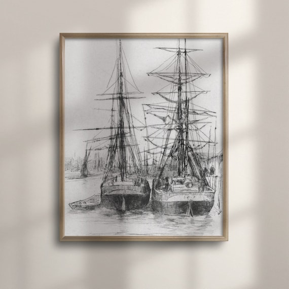 Tall Ships Harbor Ink Sketch Antique Nautical Drawing Sailing Boat Art Poster