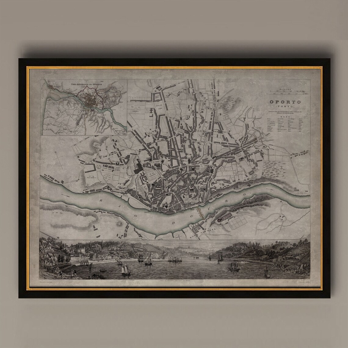 Antique Engraved Oporto City Map Portugal Harbor View Poster