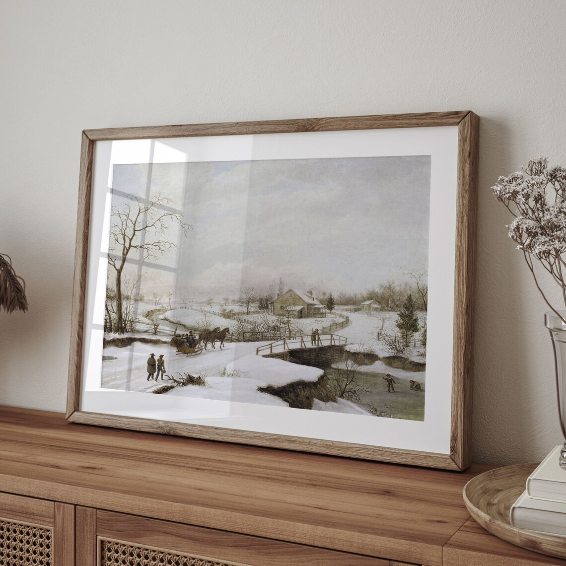 Vintage Winter Snow Horse Sleigh Village Bridge Christmas Poster - Image 4