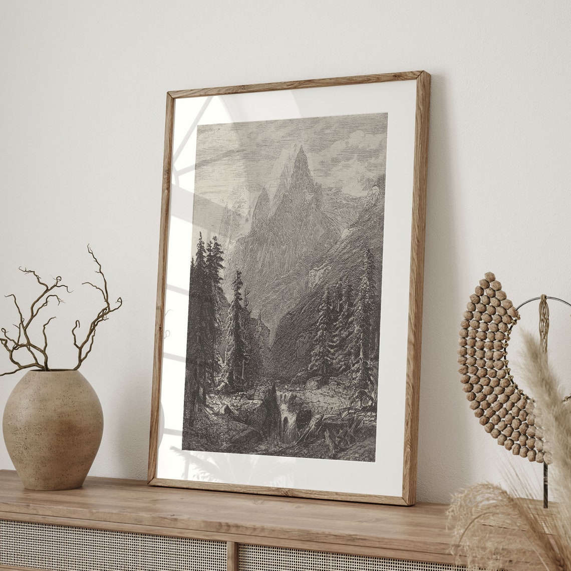 Rustic Rugged Mountain Valley Pine Forest Antique Engraving Print - Image 4