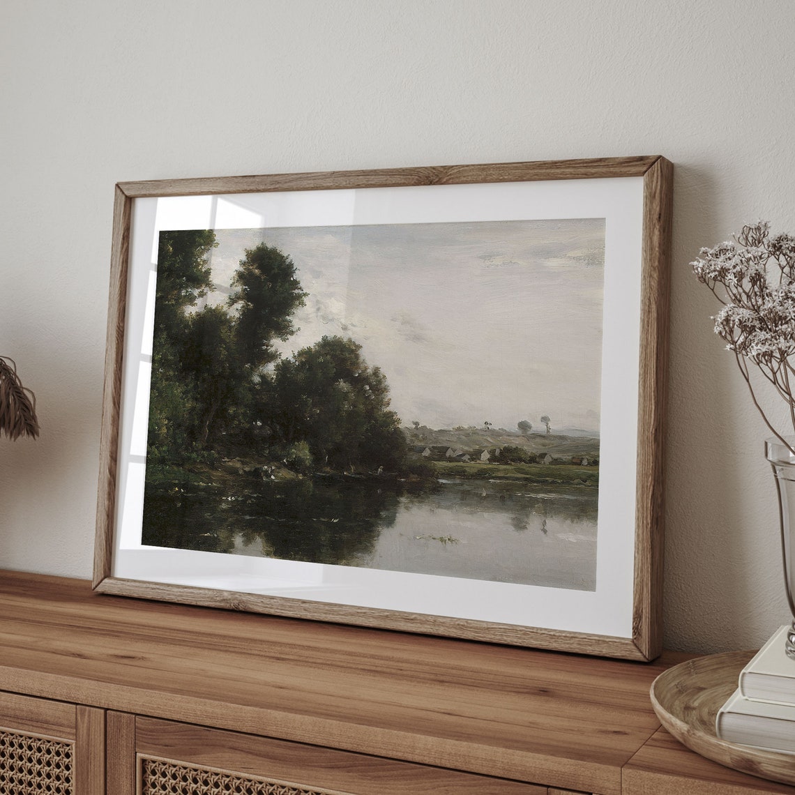 Quiet River with Dark Trees and Distant Village Vintage Poster - Image 4