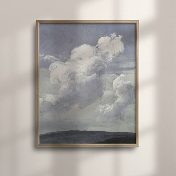 Vintage Landscape Art Cloudy Sky Painting Rustic Farmhouse Decor Moody Blue Wall Art Antique Country Poster Nursery Decor C16 1454