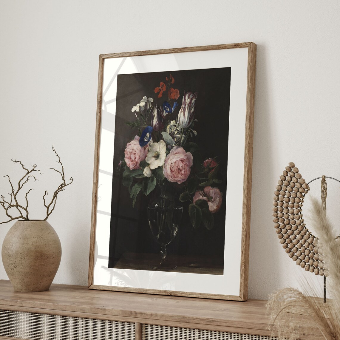 Baroque Dark Floral Still Life Pink Roses Tulips In Glass Art Poster - Image 4