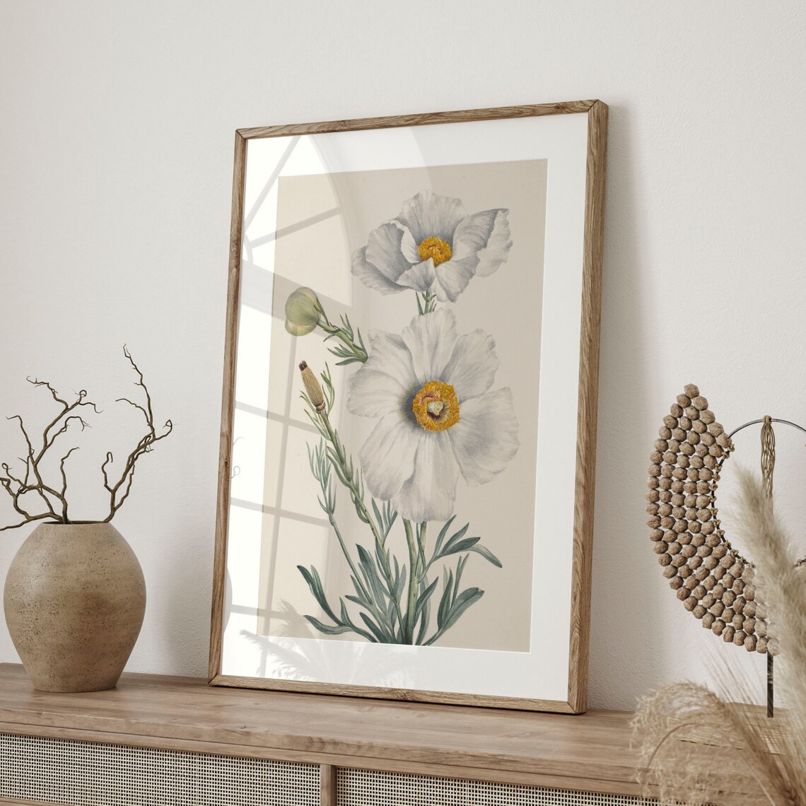 White Poppies With Golden Centers Vintage Botanical Floral Poster - Image 4
